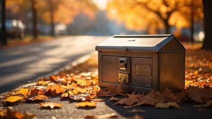 Amidst the changing foliage, a safe-deposit box finds its place in the serene ambiance of the autumn park - obrazy, fototapety, plakaty
