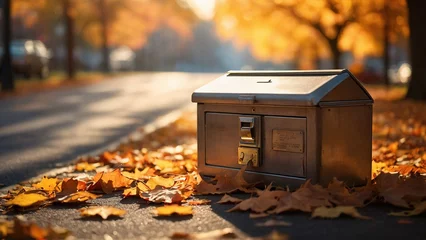 Fototapeten Amidst the changing foliage, a safe-deposit box finds its place in the serene ambiance of the autumn park © chep