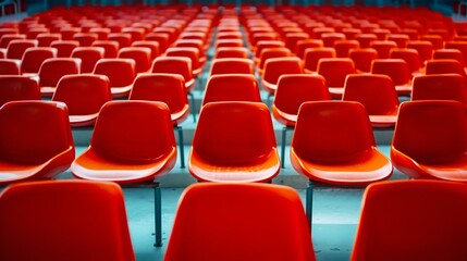 Vibrant Red Stadium Seats in Empty Arena. Generative ai