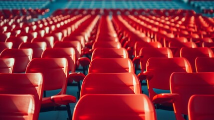 Fototapeta premium Vibrant Red Stadium Seats in Empty Arena. Generative ai