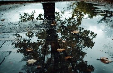 An abstract composition featuring a Tree Table wood Podium reflected in a rain puddle on the farm 