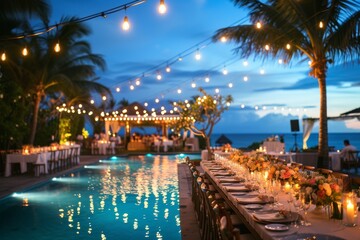 Romantic evening wedding table by the pool with lanterns