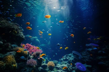 Naklejka na ściany i meble Underwater world with corals and tropical fish