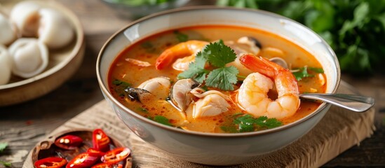 Thai Tom yum pla soup, a spicy and tangy fish soup. - obrazy, fototapety, plakaty