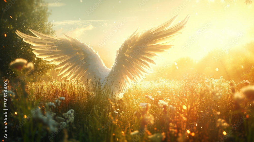 Wall mural a set of angel wings gently dd over a peaceful meadow casting a warm and comforting glow over the su