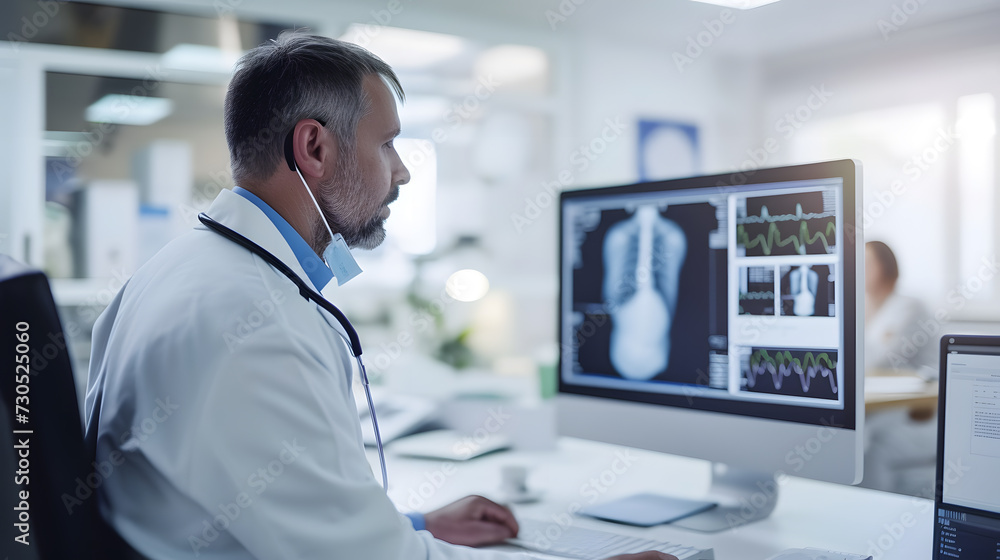 Poster the doctor is sitting at the table with a computer. a larger screen is showing the x-ray image. doct