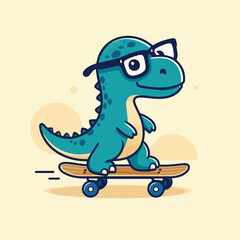 Obraz premium cute cartoon dinosaur riding skateboard vector illustration