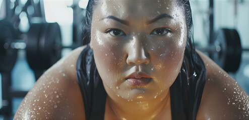 汗をかいて集中するジムでトレーニング中のぽっちゃりしたアジア人女性 - obrazy, fototapety, plakaty