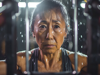 汗をかいて集中するジムでトレーニング中のアジア人中年女性