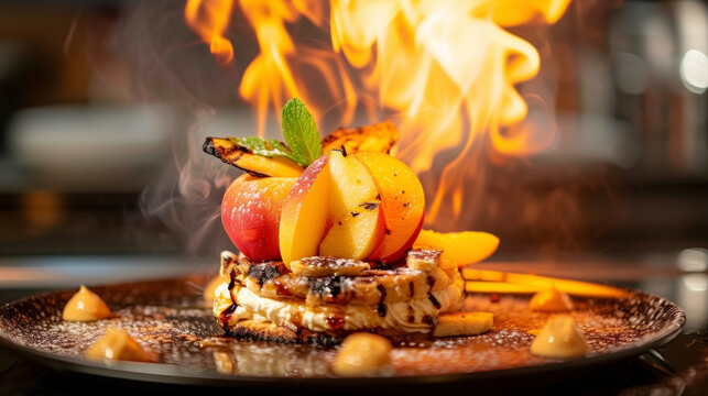 Indulge in a unique twist on traditional dessert with a selection of delectable charred treats. Vibrant fruits such as peaches and bananas are transformed over the open flame