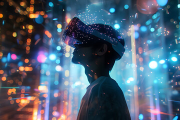 デジタル世界のネオン光るVR体験をする人