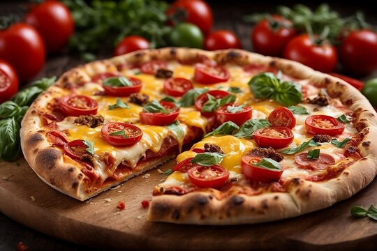 A mouth-watering pizza with a generous layer of melted cheese, spicy chorizo slices, juicy tomatoes, and vibrant peppers