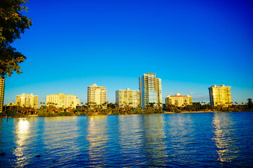 Sarasota, Florida, USA: 11 01 2023: Sarasota bay harbor and bay front sun set landscape	