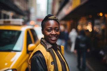 Smiling Amidst the Chaos: A Glimpse into the Life of a Female Taxi Driver in the City - obrazy, fototapety, plakaty