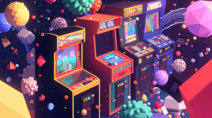 A pixelated universe filled with colorful geometric shapes and arcade machines transporting players back to the nostalgic era of 8bit graphics and clic gaming soundtracks.