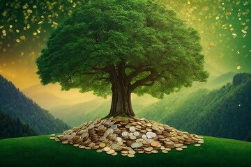 A majestic tree stands tall on a mountain of shimmering coins and a overflowing money bag, surrounded by a lush green background. The perfect visual representation of investing in green bonds and fund