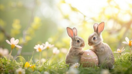Fototapeta na wymiar Two young rabbits with an Easter egg in a sunlit field of daisies, sharing a tender spring moment. Generative AI