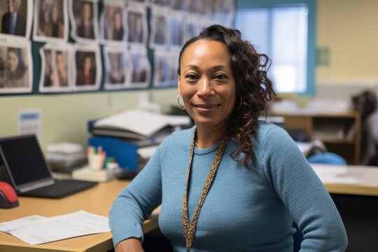 A dedicated probation officer in her workspace, surrounded by symbols of hope and reform, assisting those seeking a second chance