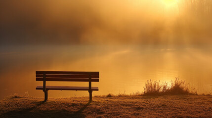 A lone park bench sits in the midst of the backlit fog creating a serene and peaceful scene.