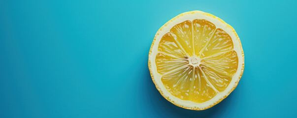 Top view flat lay lemon slice on blue background