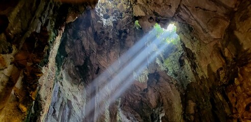 Sunbeam of light in cave in Marble Mountain at Da Nang Vietnam