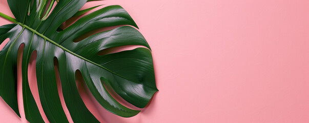 Monstera leaf, Tropical leaves on pink background, Minimal fashion summer holiday concept. Flat lay	
