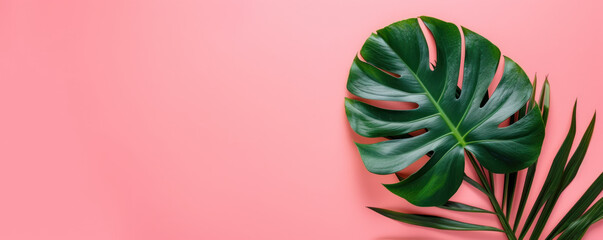 Obraz premium Monstera leaf, Tropical leaves on pink background, Minimal fashion summer holiday concept. Flat lay 