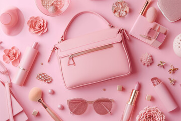 Top view set of pink purse with different kinds of beauty accessories in pink style on pink background, Flat lay Minimal fashion summer concept