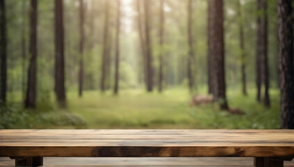 Beautiful blurred boreal forest background view with empty rustic wooden table for mockup product display. Picnic table with customizable space on table-top for editing. Flawless