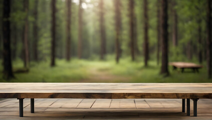 Fototapeta premium Beautiful blurred boreal forest background view with empty rustic wooden table for mockup product display. Picnic table with customizable space on table-top for editing. Flawless