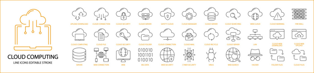 Cloud computing icons. Cloud computing icon set. Cloud computing line icons. Cloud storage icons. Vector illustration. Editable stroke.