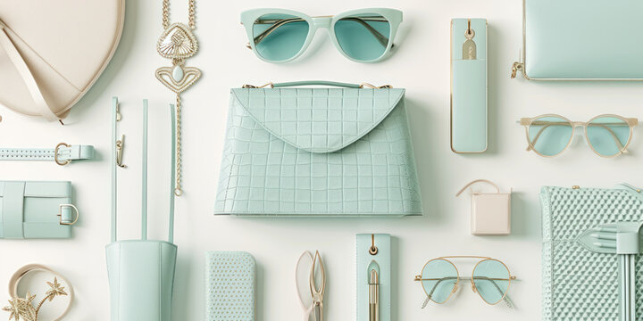 Top view sunglasses purses and accessories in pastel style on white background, Flat lay Minimal fashion summer concept
