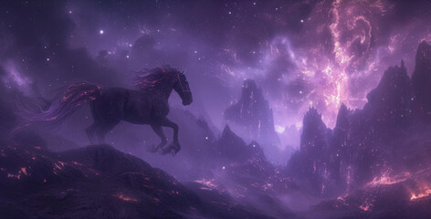 A spectral creature a ghostly horse with a mane of flickering flames galloping through a dreamlike landscape of misty purple mountains and endless expanses of starry void. - obrazy, fototapety, plakaty