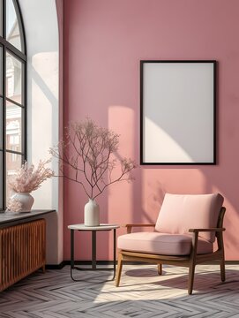Blank Painting frame mockup in sweet light pink living room