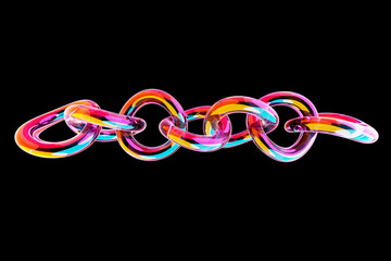 3d illustration of   colorful transparent  chains. Set of chains on a black  background.
