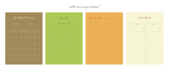 Daily, Weekly, Monthly, Yearly planner. Minimalist planner template set. Vector illustration.	