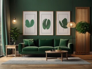 contemporary interior design for 3 poster frames in living room mock up with green couch, wooden pot and floor lamp, template, 3d render, illustration

