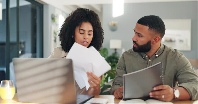 Couple, laptop and paperwork or frustrated or stress conversation for online agreement, mortgage or expenses. Man, woman and document for unhappy finances on internet for house, network or guidelines