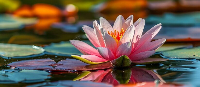 A sunny summer day captures a beautiful pink water lily in closeup.