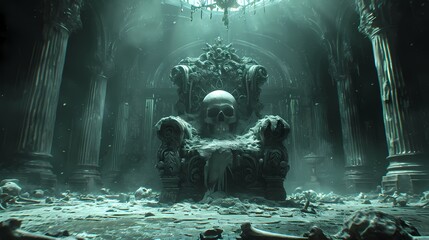 Scary horror looking throne with skull, for movie or ghost story cover 
