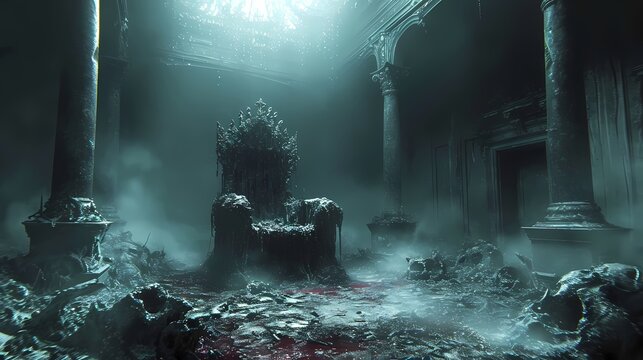 Scary horror looking throne with skull, for gaming, movie or ghost story cover 