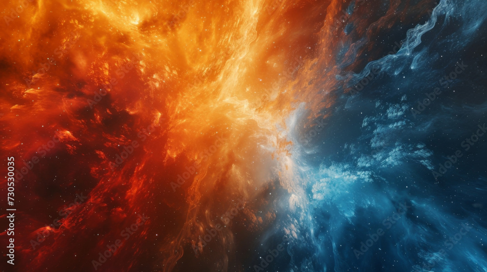 Poster the collision of particles creates a chaotic display resembling a solar flare at the peak of its eru