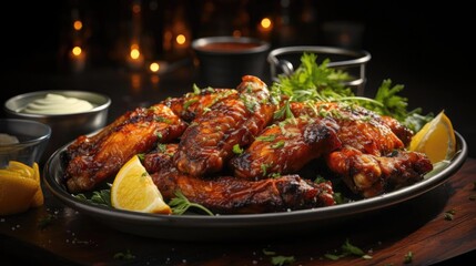 Buffalo wings with melted hot sauce on a wooden table with a blurred background