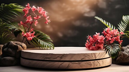 podium product stand or display with flowers, blur background and cinematic light