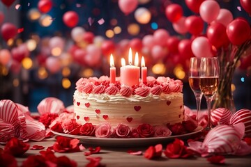 Delicious cake with flickering candles and glasses of bubbly drink, colorful balloons floating in the background with winkling lights create a romantic ambiance. - obrazy, fototapety, plakaty