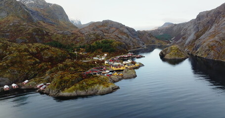 Serene Nusfjord: Aerial View of a Traditional Fishing Village in Norway