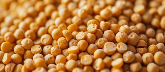 Plenty of dried yellow peas for making porridge, a close-up view.