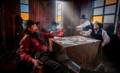 Cowboys group playing poker and card gambler game and have fighting  gun in old American west...