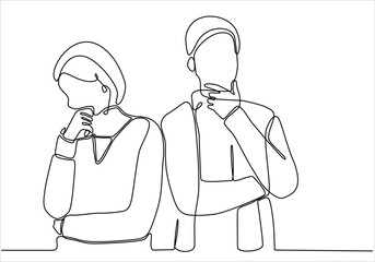 continuous line Confused woman and man thinking vector illustration together.