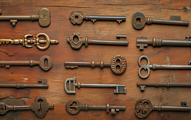 Assortment of Antique Keys on Rustic Wood